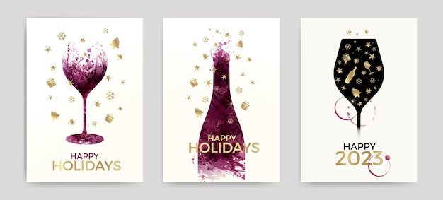 new year and holidays greeting card illustration of wine glass and bottle with icons of gift stars christmas tree snowflakes wine glass and bottle