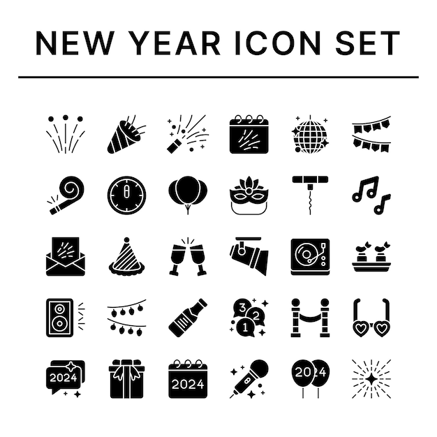 Vector new year icon set glyph style icons