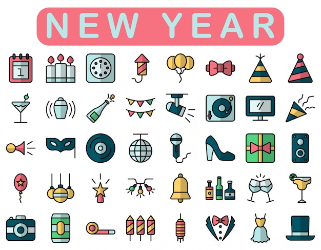 New year icons set, lineal color style