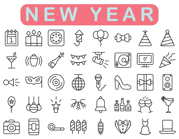 New year icons set, outline style