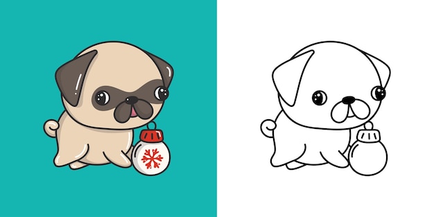 Вектор Новогодняя кавайная собака-мопс для раскраски и иллюстрации очаровательная рождественская собака