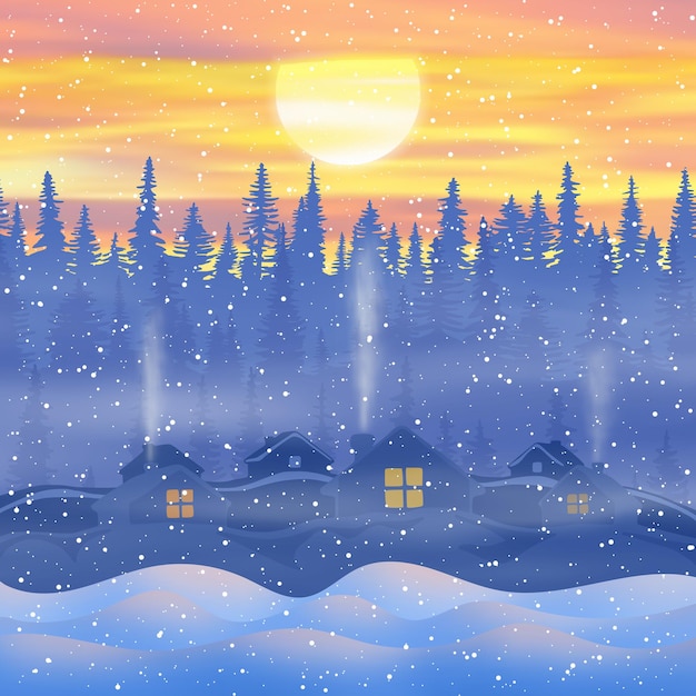 Новогодний пейзаж, зимний вечер, деревня в заснеженном лесу
