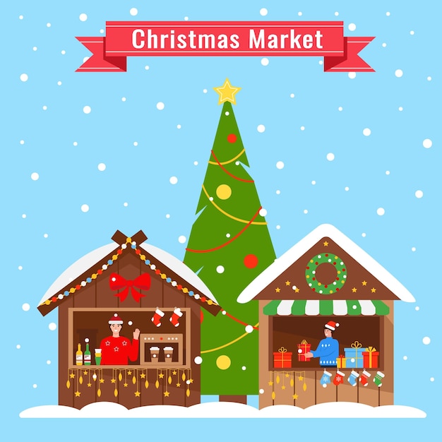 New Year Market with wooden kiosks and Christmas tree Poster template or greeting card