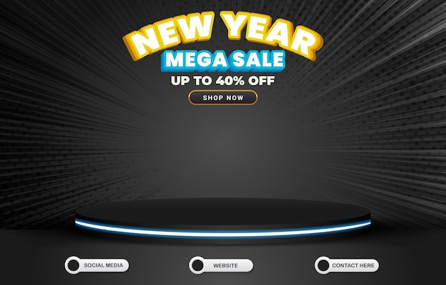 New year mega sale discount template banner with blank space 3d podium for product with abstract gradient black and grey background design