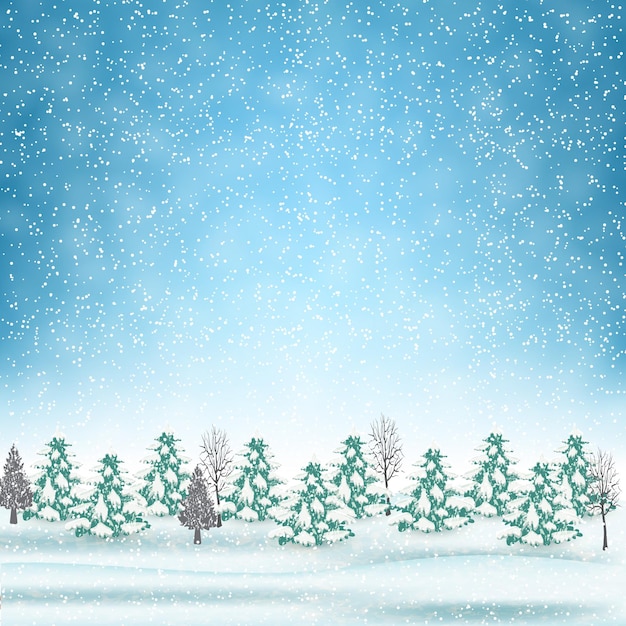 새 해와 메리 크리스마스 겨울 풍경입니다. 벡터 일러스트 레이 션. 인사말 또는 우편 카드에 대한 개념