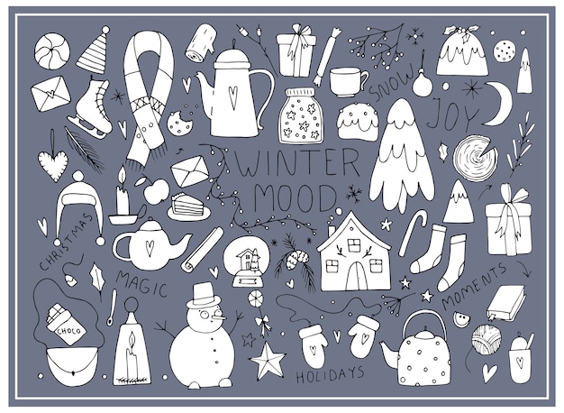 Vector new year mood, christmas, doodle, line drawing