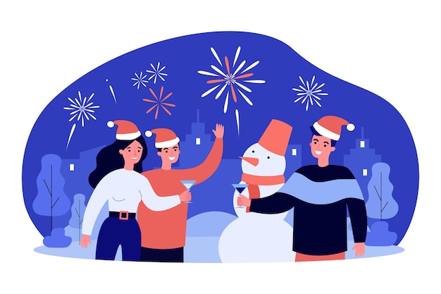 Vector new year night party with friends holding glasses with champagne. people celebrating flat vector illustration. holiday, festive celebration concept for banner, website design or landing web page