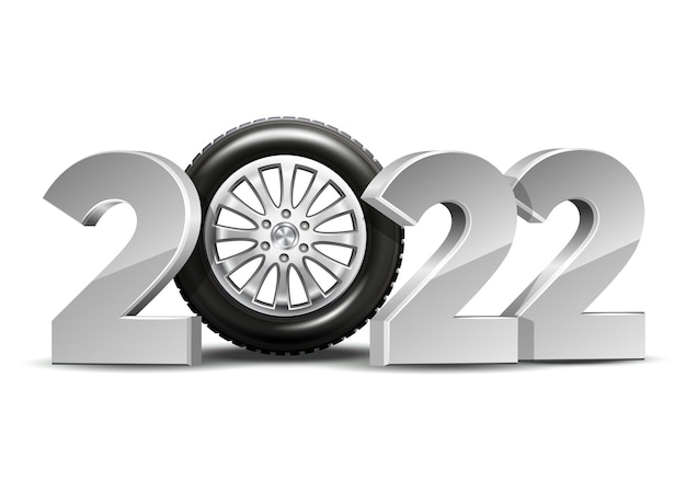 Vettore numeri del nuovo anno 2022 con pneumatici per auto isolati su sfondo bianco. modello di design creativo per biglietti di auguri, banner, poster, volantini, inviti a una festa o calendario. illustrazione vettoriale