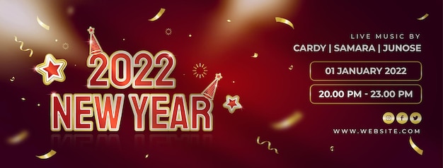 2021 年新年派對的海報或網頁旗<unk>封面,紅色背景上有金色文字的糖果