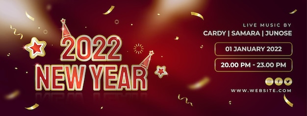 Poster della festa di capodanno 2022 o copertina di banner web con coriandoli di testo dorato su sfondo rosso