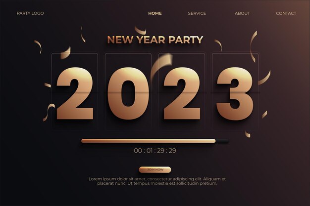 Целевая страница новогодней вечеринки 2023 с обратным отсчетом времени в темно-коричневом стиле фона