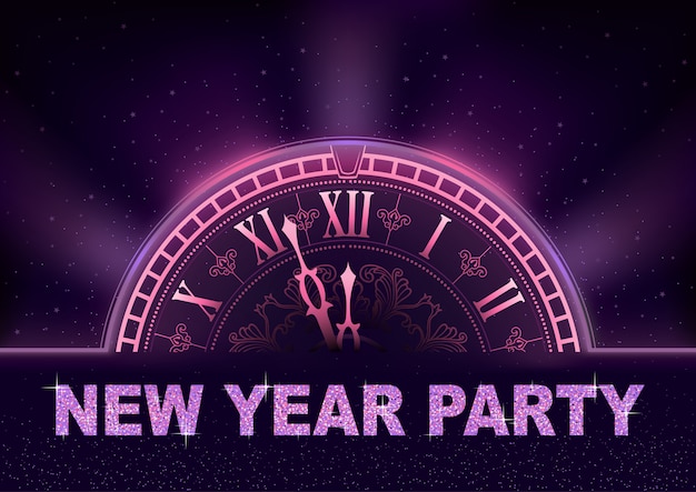 New year party background in purple tones with clock dial