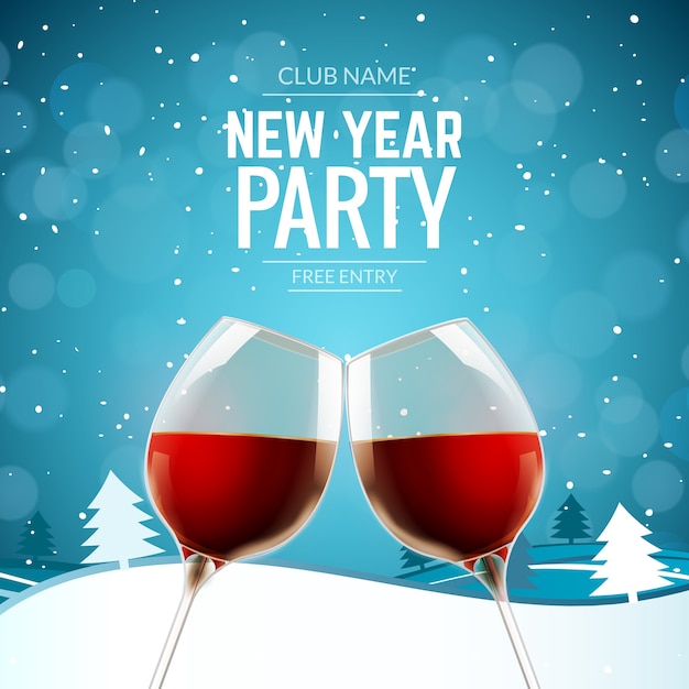 New year party celebration alcohol champagne wine background. winter landscape with two glasses and confetti holiday decoration.