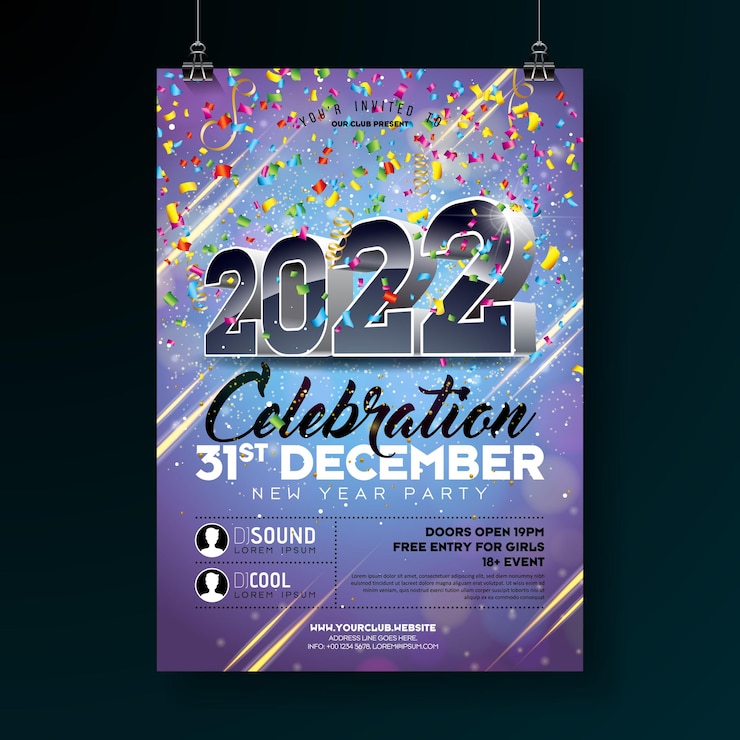 Vector new year party celebration poster template illustration with d number and falling colorful confetti ...