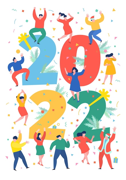 Вектор Концепция новогодней вечеринки деловые люди танцуют рядом с числами 2022