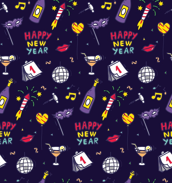 New year party doodle seamless background