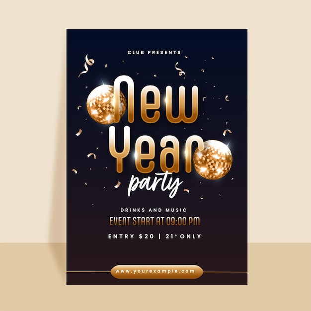 New year party flyer design decorated with 3d disco balls golden confetti and event details