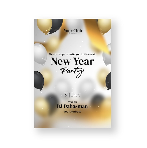 New Year party flyer design decorated with baubles balloons star particles and golden ribbons