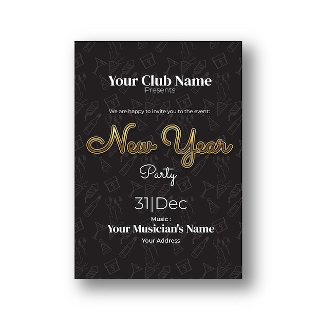 New Year party flyer design decorated with baubles balloons star particles and golden ribbons