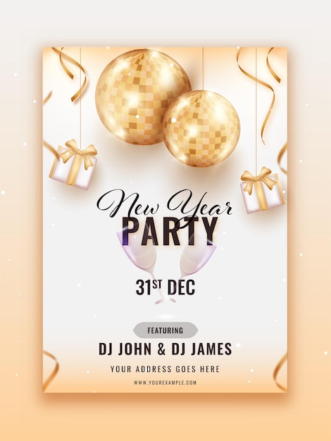 Vector new year party flyer design with golden disco balls