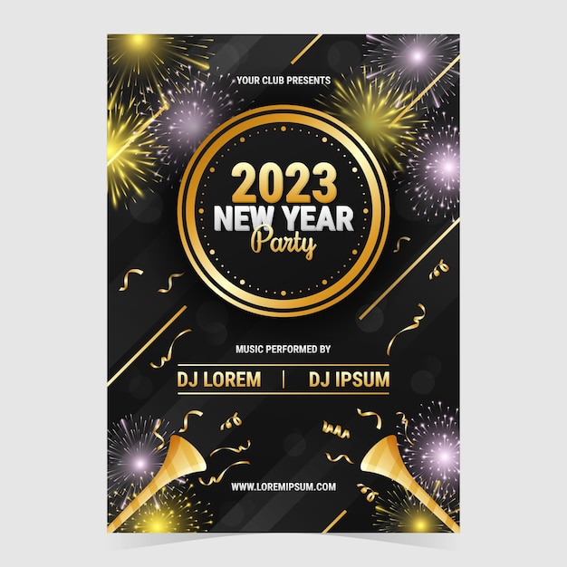 New Year Party Poster With Fireworks and Trumpet