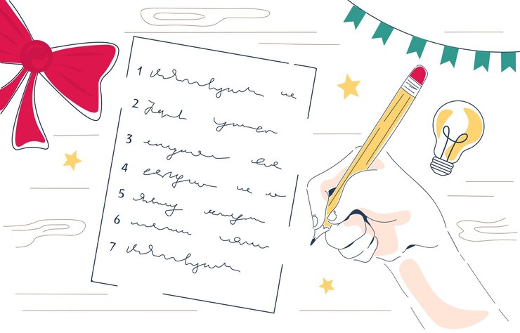 Vector new year plans doodle top view at hand with pencil near sheet wishes for gifts and presents letter