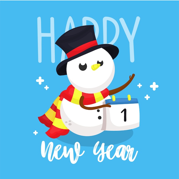 New Year Post Card with Illustration of Snowman Character Holding Calendar 