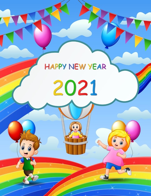 New year poster design with kids playing on rainbow