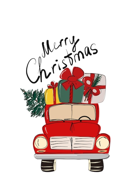 New Year Poster With car Lettering Merry Christmas Xmas Objects Festive Celebrations