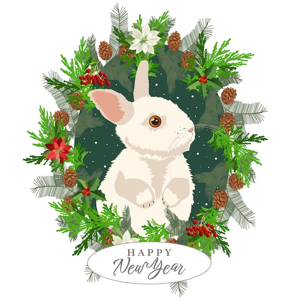 New year rabbit symbol of 2023. christmas rabbit in a fir wreath with cones and flowers. card