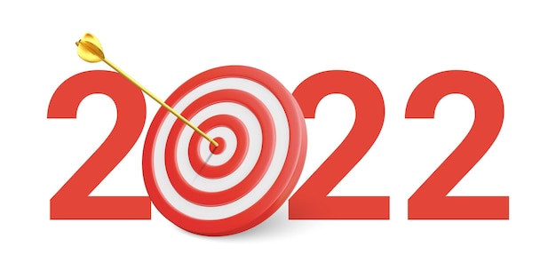 Новогодняя реалистичная цель и цели с символом 2022 года из красной мишени и стрелок Целевая концепция на новый год 2022 Векторная иллюстрация