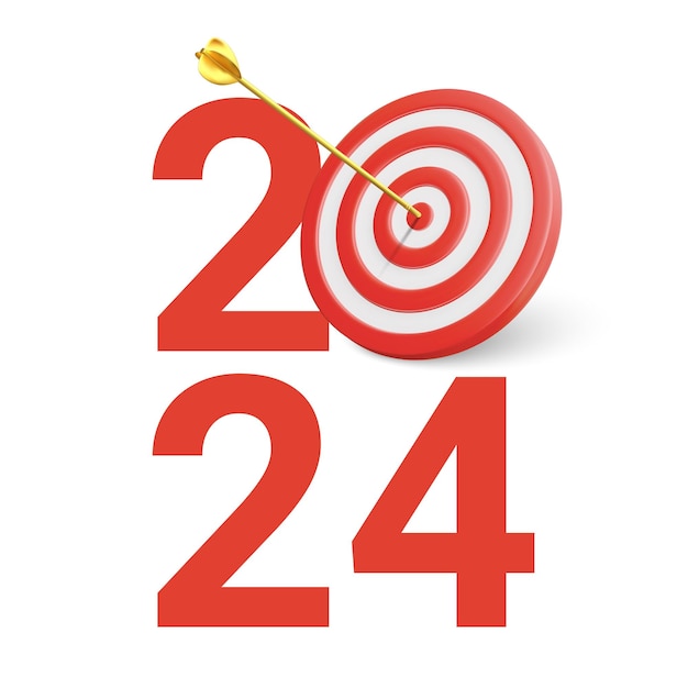 Vector new year realistic target and goals with symbol of 2024 from red target and arrows target concept for new year 2024 vector illustration