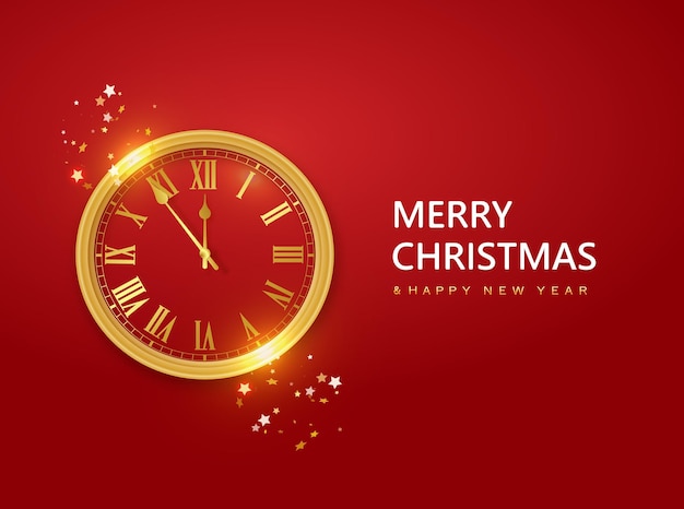 New year red background with christmas vintage clock Festive design with Christmas decorations balls streamer and glitter