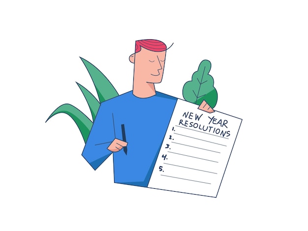 Vector new year resolutions man holding notepad paper and pen set goal or business target for new year