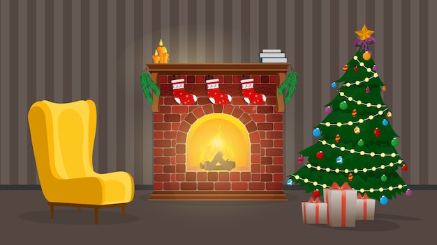 새해. 벽난로, 크리스마스 트리 및 선물이있는 방입니다. .