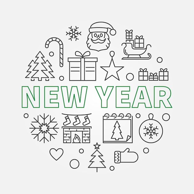 New Year round vector illustration in line style