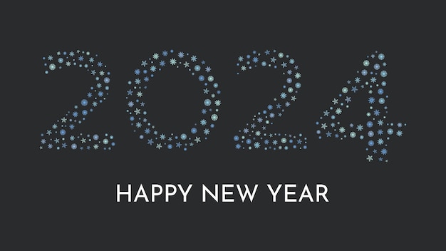 New Year's background with numbers 2024 made of snowflakes Blue snowflakes on a dark background and the inscription Happy New Year Vector illustration