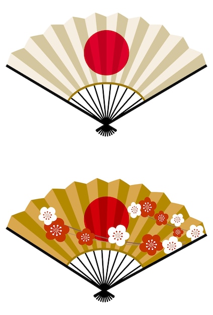 New Year's card material vector illustration of Hinomaru fan and fan with Hinomaru and plum pattern