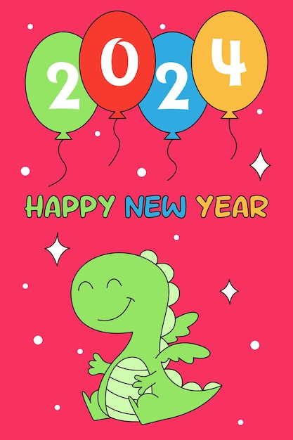 New Year's card vector template Cute dragon in cartoon style Happy New Year inscription