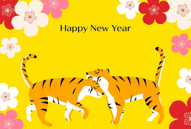 ベクトル 2匹の虎がお互いに挨拶する年賀状 寅年 2022