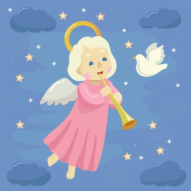 New Year's Christmas greeting vector card with the little flying angel with flute