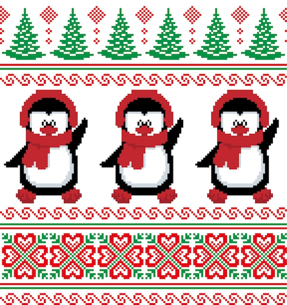 ペンギンの新年のクリスマスパターンピクセルベクトルイラストEPS