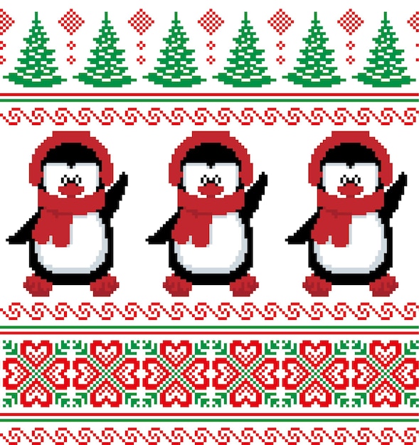 Vector new year's christmas pattern pixel in penguins vector illustration eps