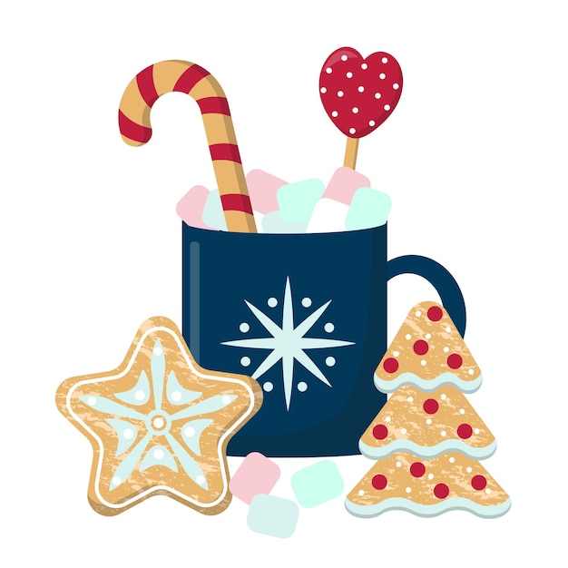 Vector new year's cozy card with cup marshmallows and gingerbread. hot drink and sweet treat