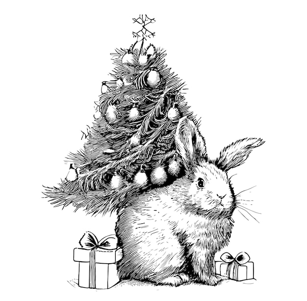 Новогодний милый кролик на фоне елки и эскиз подарков мазками