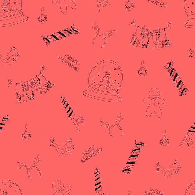 New year's doodle pattern in sketch style Vector background wallpaper backdrop