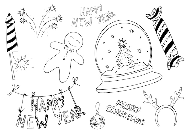 New year's doodle set in vintage style on light background