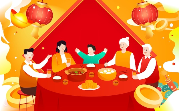 Premium Vector | New Year's Eve family having New Year's Eve dinner with  various delicacies and auspicious clouds