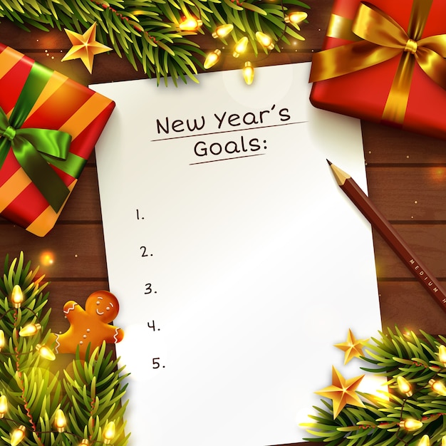 New Year's goals concept with paper sheet. Wooden table decorated with gift box, Christmas tree branches and garland lights.