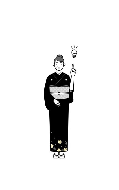 Vector new year's greeting and weddings senior woman in kimono coming up with an idea